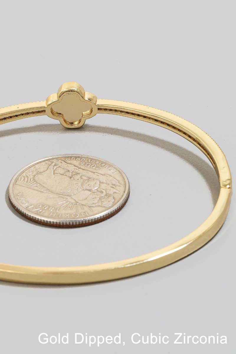 Gold Dipped Cz Pave Row And Clover Hinge Bangle Bracelet