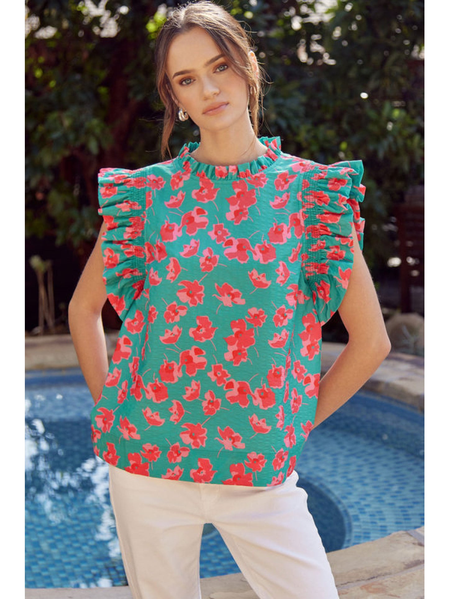 Floral Print Top with Frill Sleeve