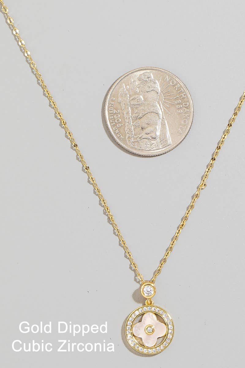 Gold Dipped Cz Halo Set Shell Clover Pendant Necklace