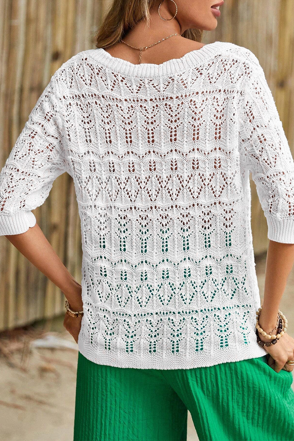 White Plain V Neck Hollow Out Knitted Cardigan