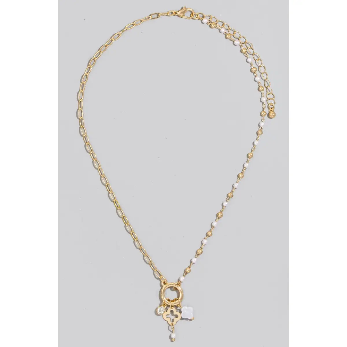 Mixed Clover and Pearl Bead Charms Chain Necklace