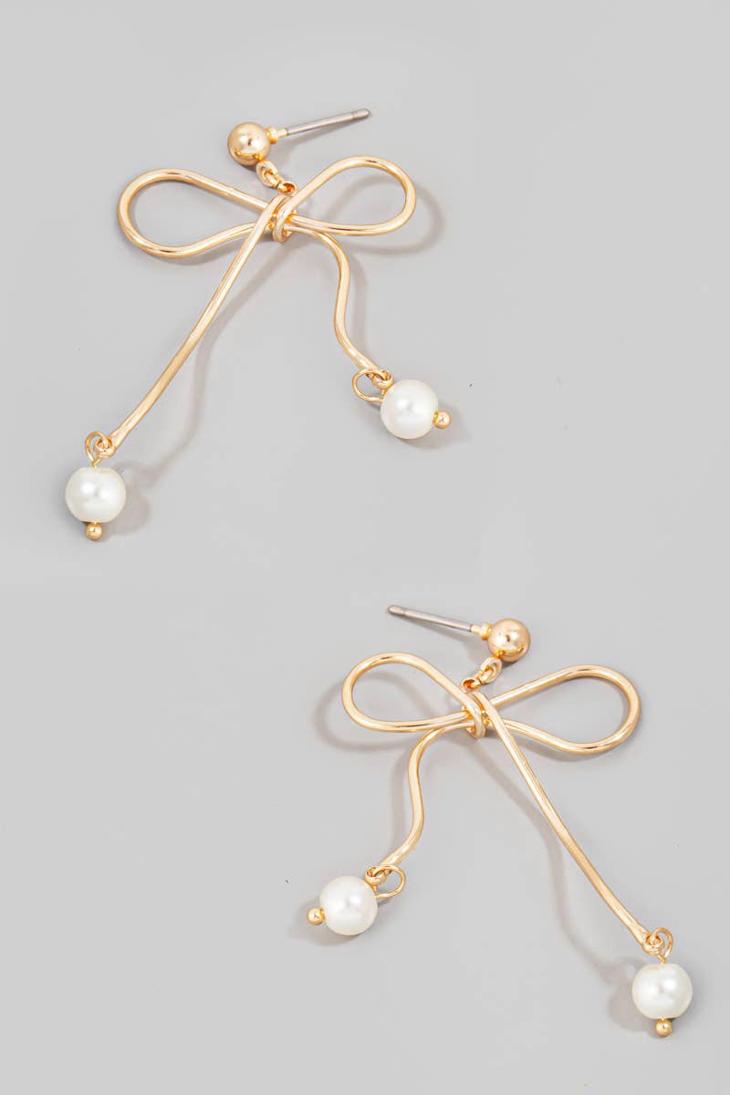 Pearl Charms Metallic Wire Ribbon Bow Earrings