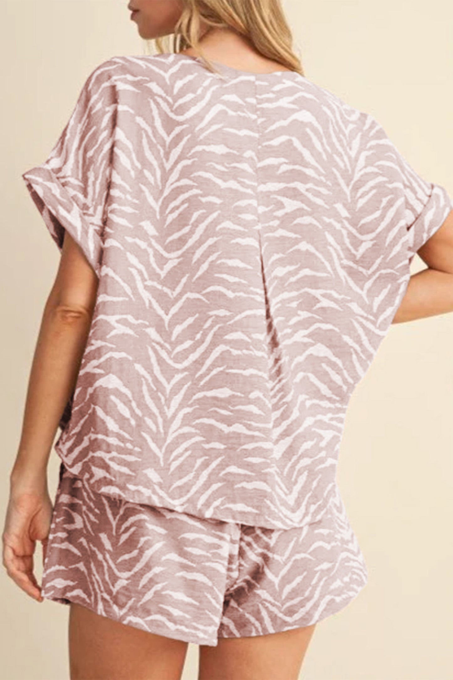 Abstract Print Cuffed Short Sleeve Loose Top Short Set