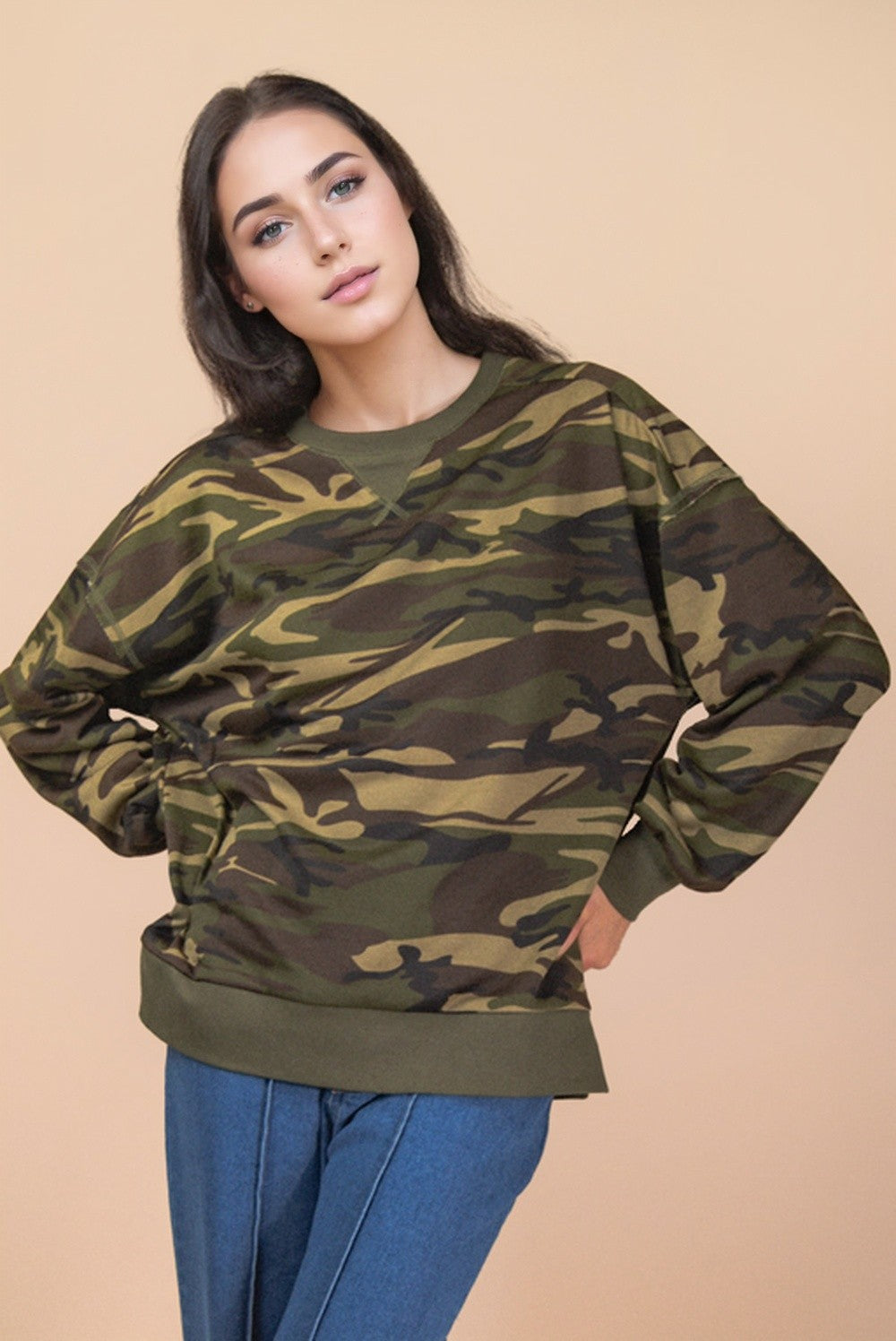 Camo Printed Knit Casual Top