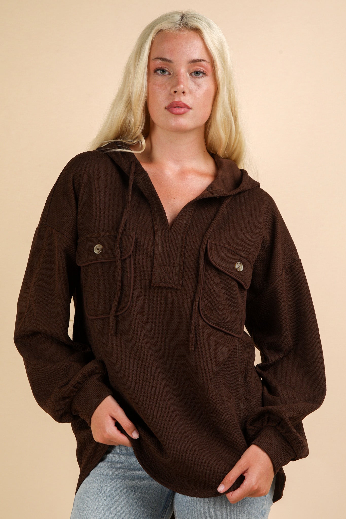 Oversized Hoodie Knit Top with Patch Pockets