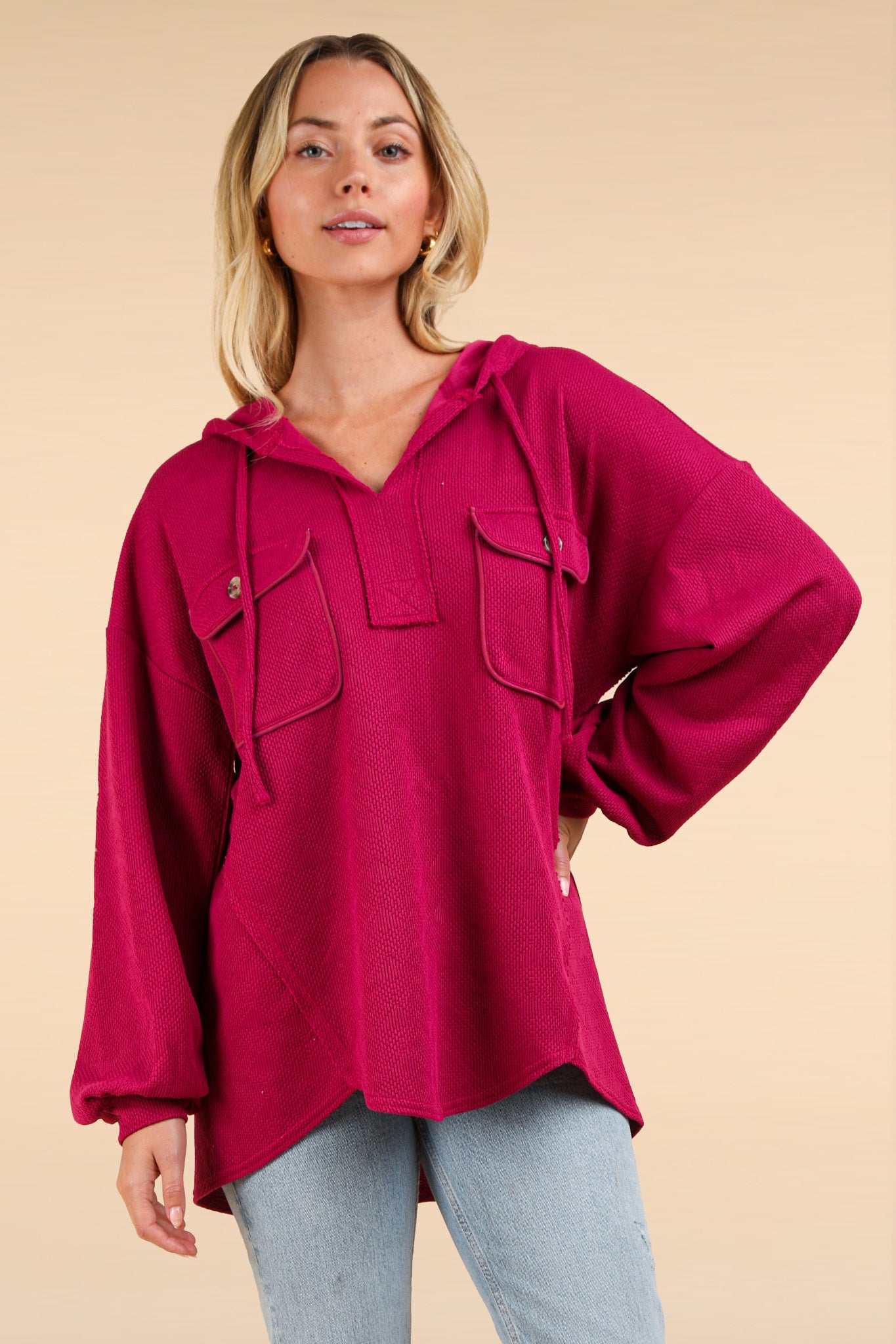 Oversized Hoodie Knit Top with Patch Pockets