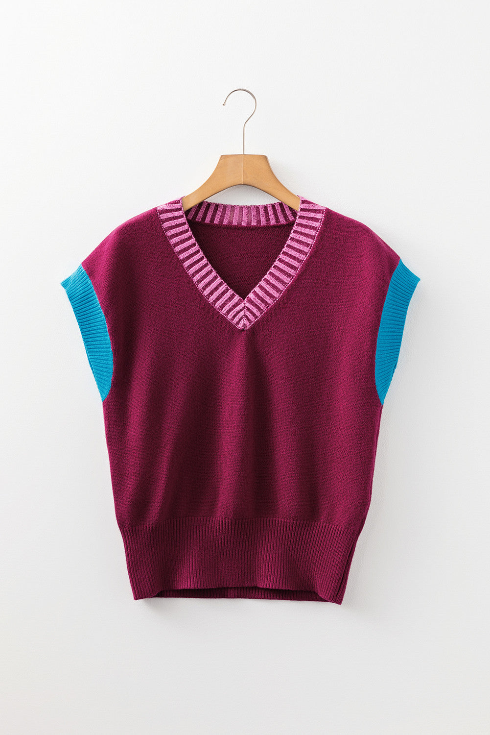 Contrast Trim V-Neck Cuffed Short Sleeve Loose Sweater