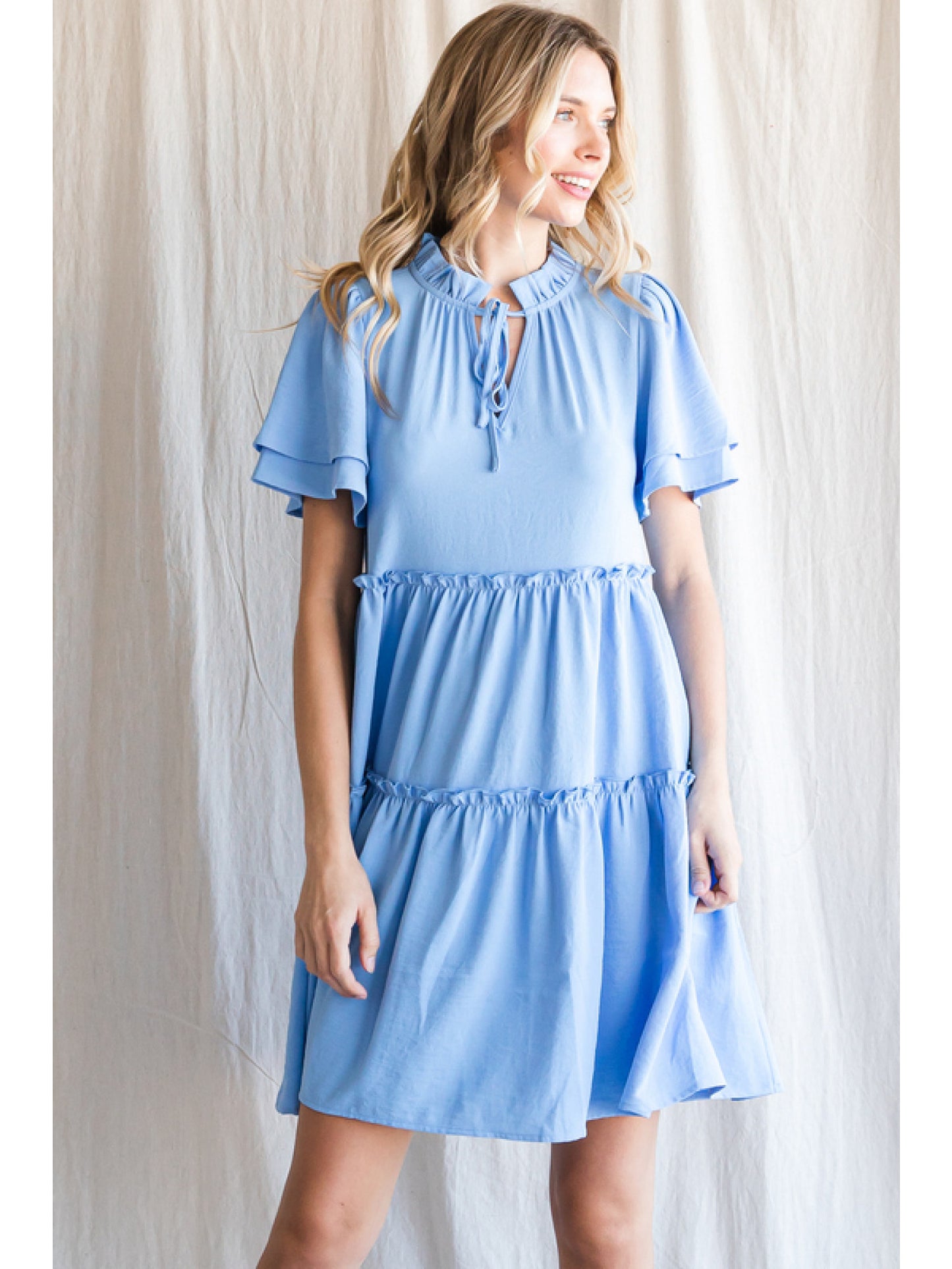 Solid Dress With a Frilled Self-Tie Neck