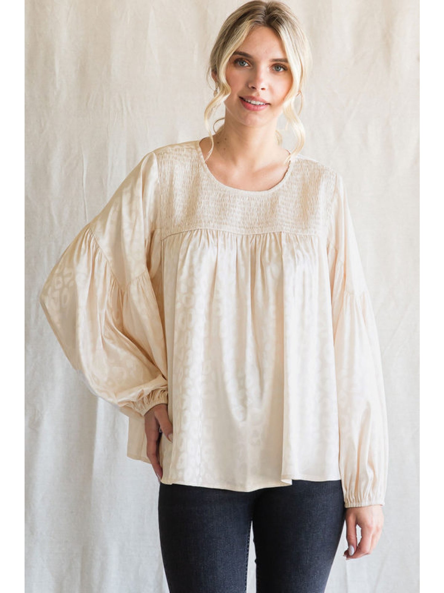 Satin Print Top with a U-Neck