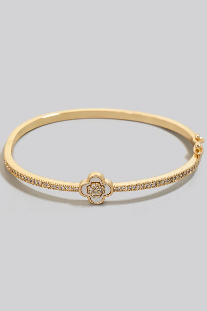 Gold Dipped Cz Pave Row And Clover Hinge Bangle Bracelet