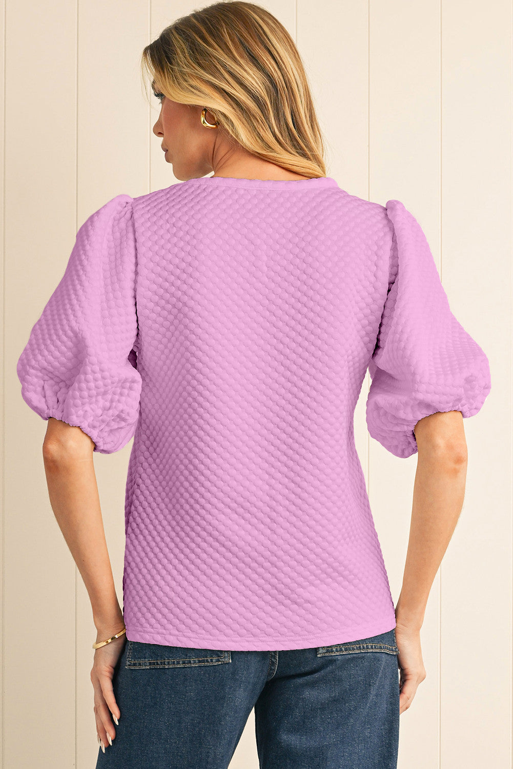 Phalaenopsis Solid Textured Neck Puff Sleeve Blouse