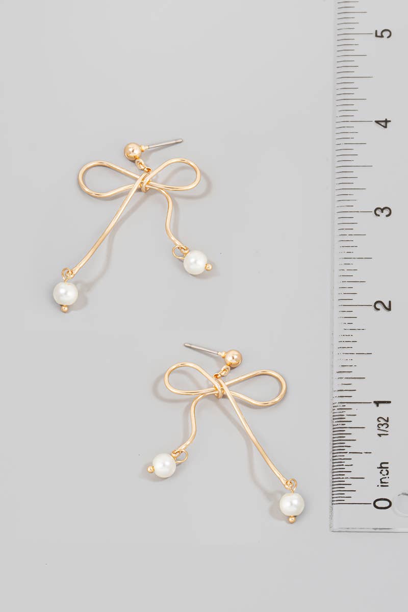 Pearl Charms Metallic Wire Ribbon Bow Earrings