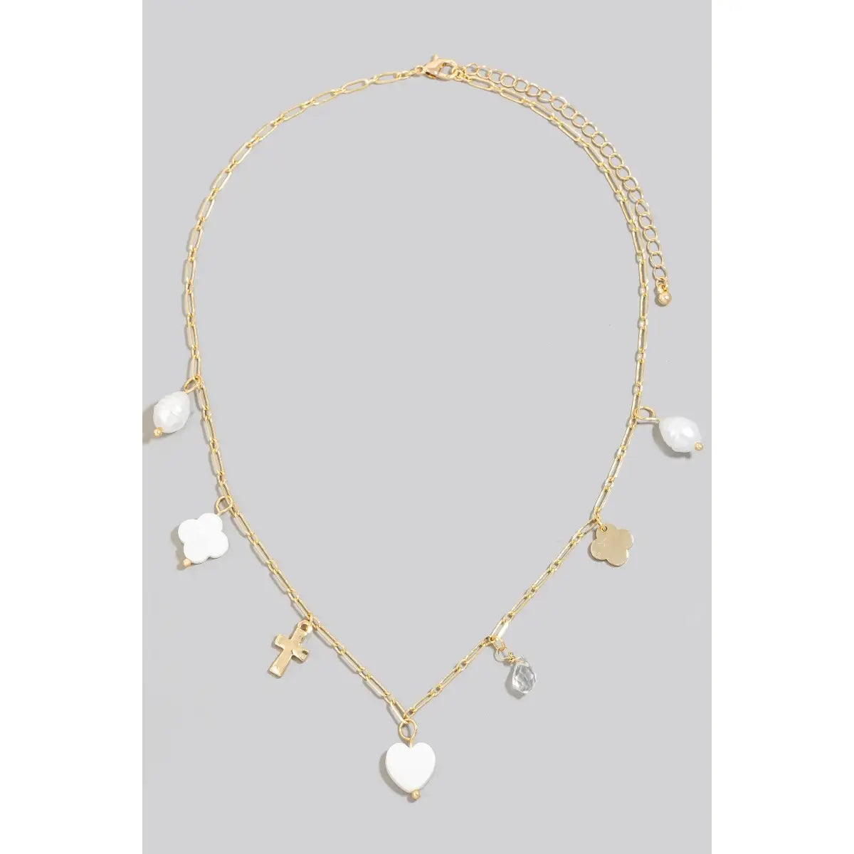 Mother of Pearl Clover and Heart Charms Chain Necklace