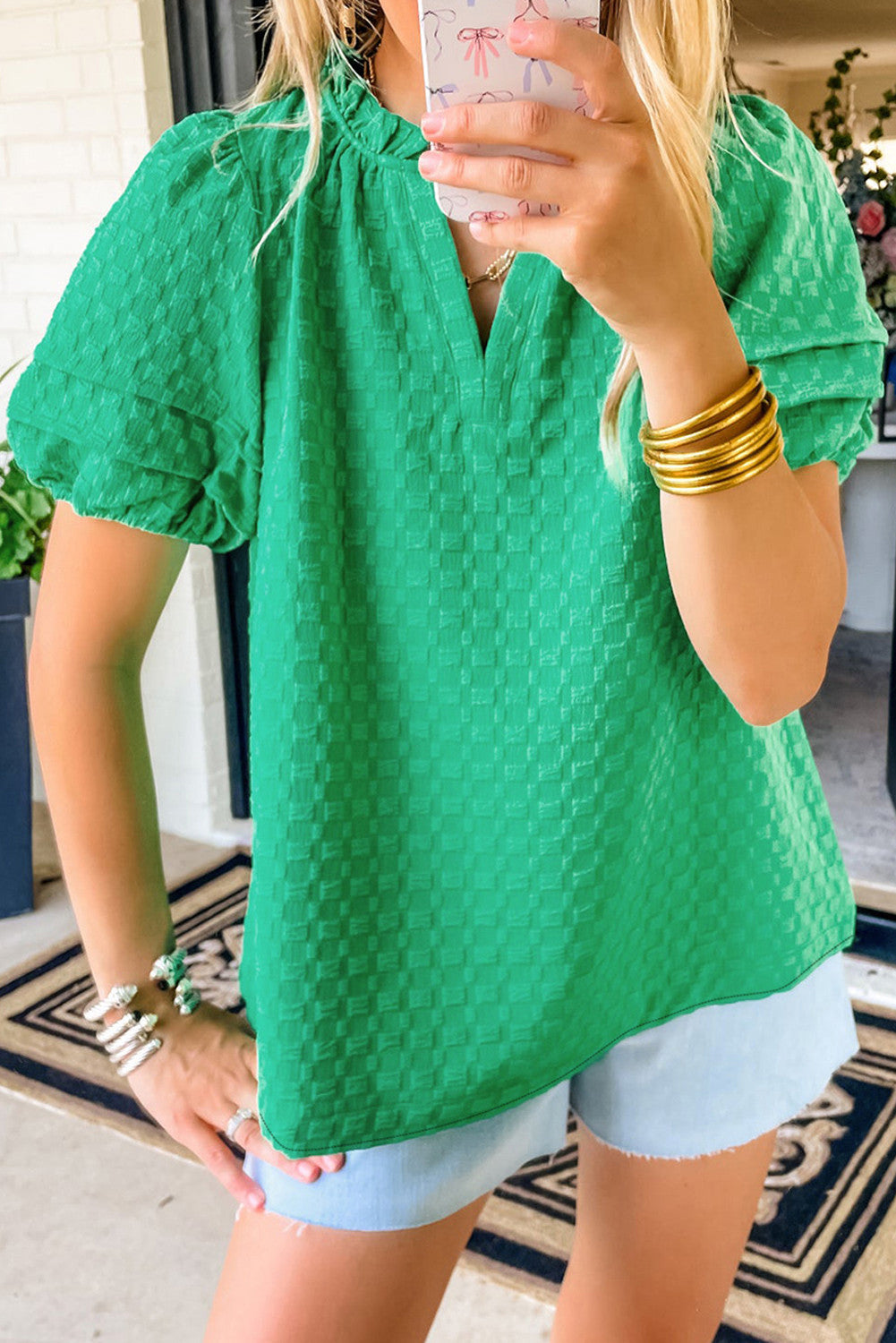 Textured Puff Short Sleeve Notched V Neck Top