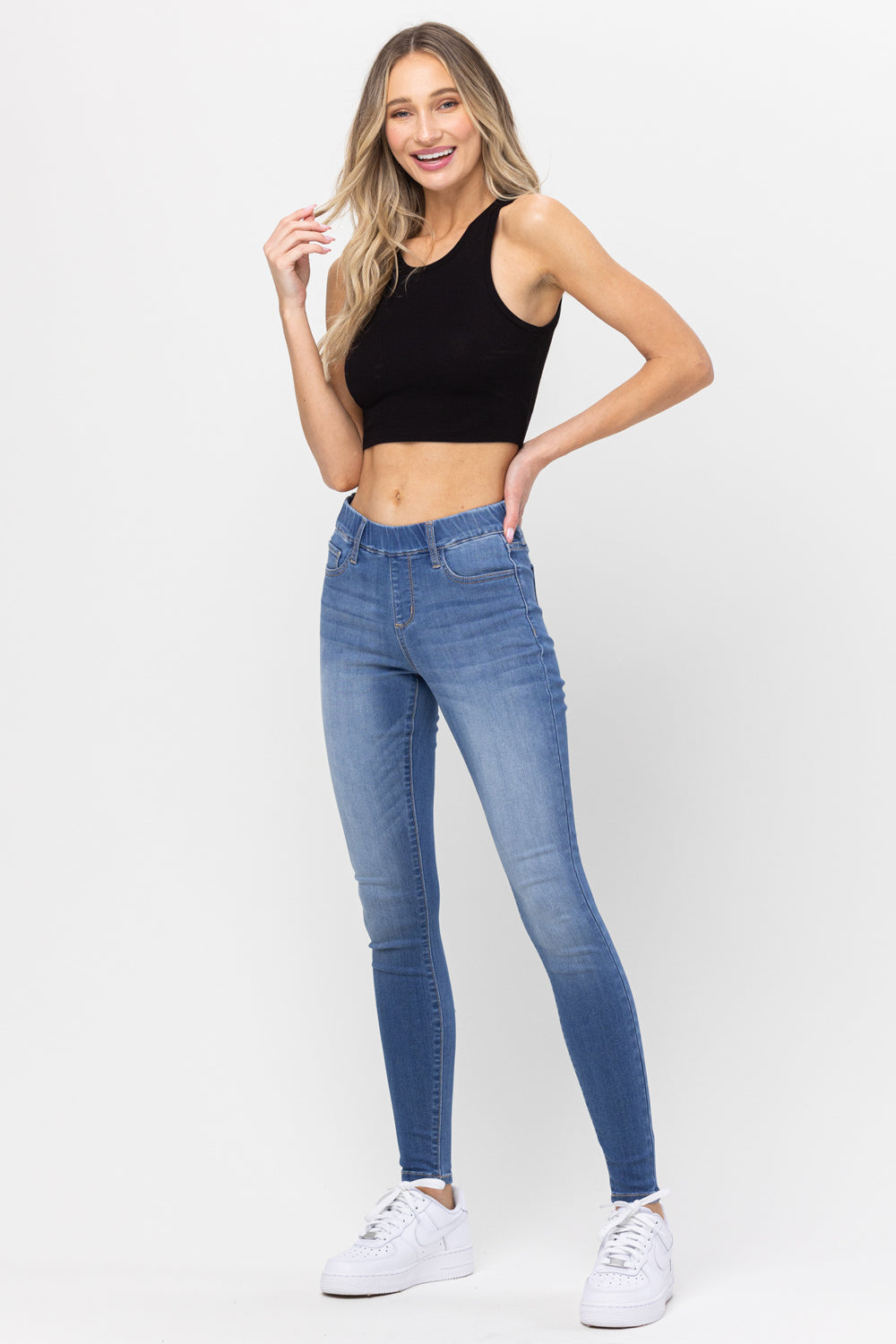 Mid Rise Pull On Skinny Jeans