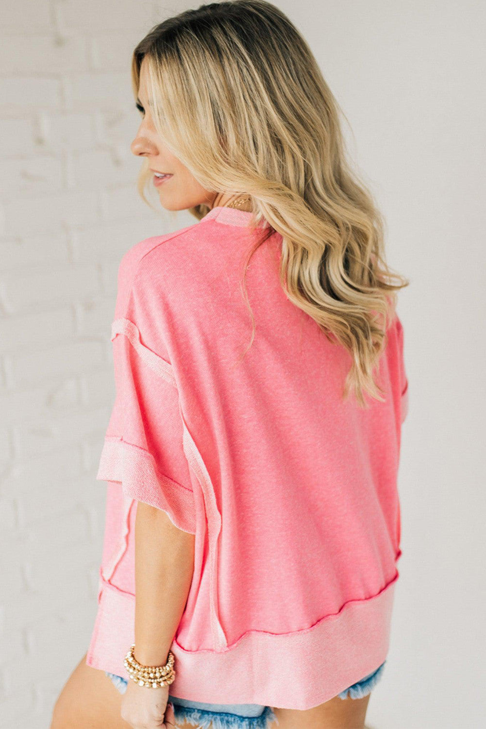Peach Blossom Half Sleeve Raw Seam High Low Side Split Top