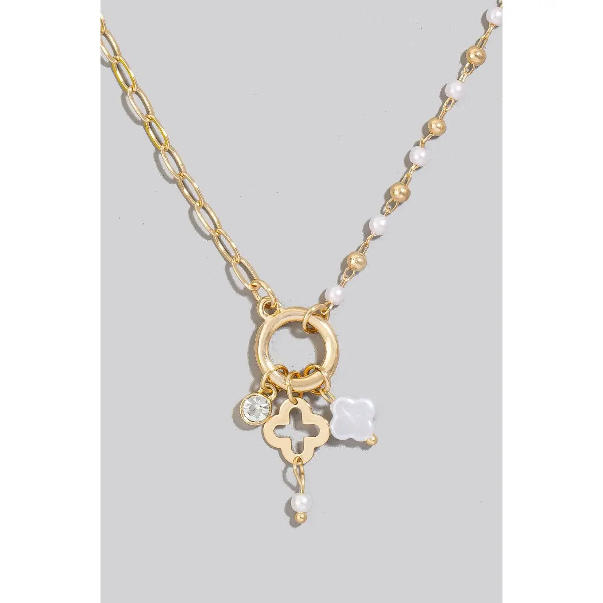 Mixed Clover and Pearl Bead Charms Chain Necklace