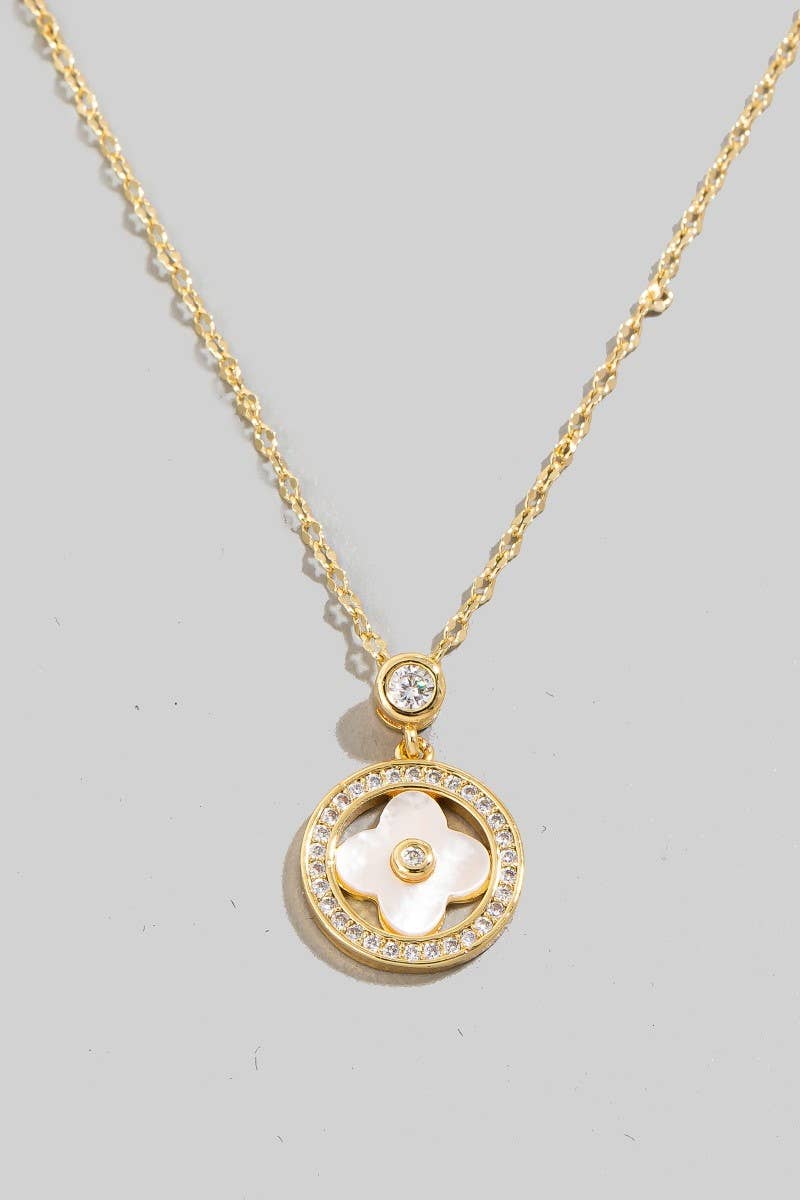 Gold Dipped Cz Halo Set Shell Clover Pendant Necklace