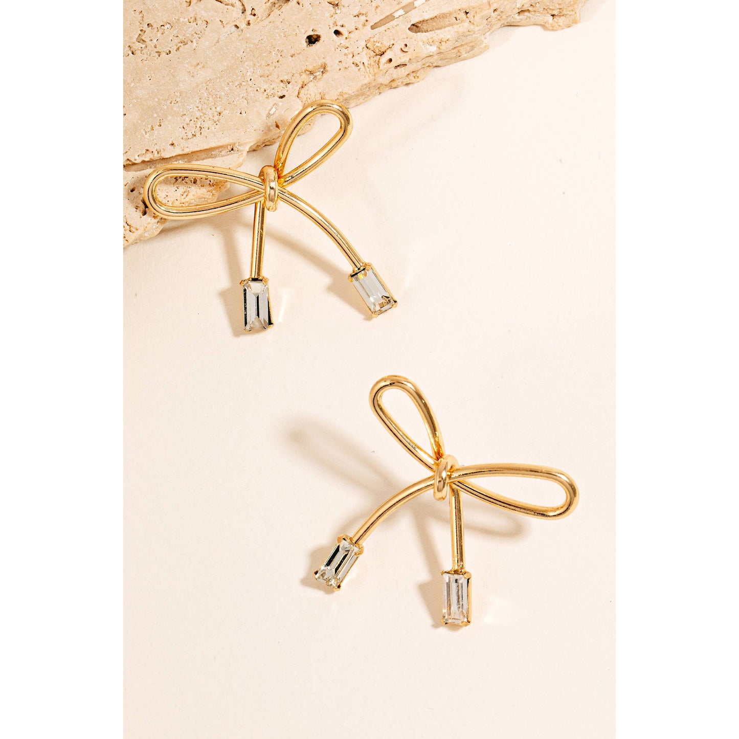 Baguette Ends Ribbon Bow Stud Earrings