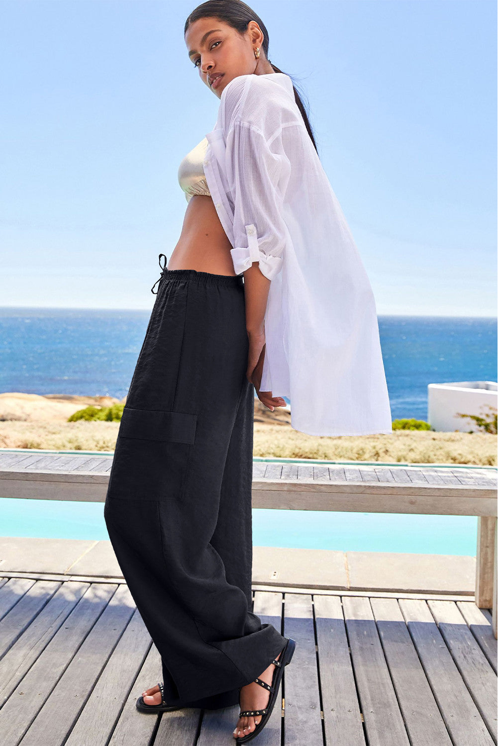 Black Drawstring Waist Wide Leg Utility Trousers