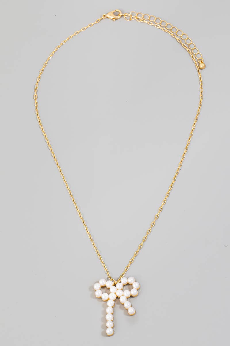 Solid Pearl Ribbon Bow Pendant Chain Necklace