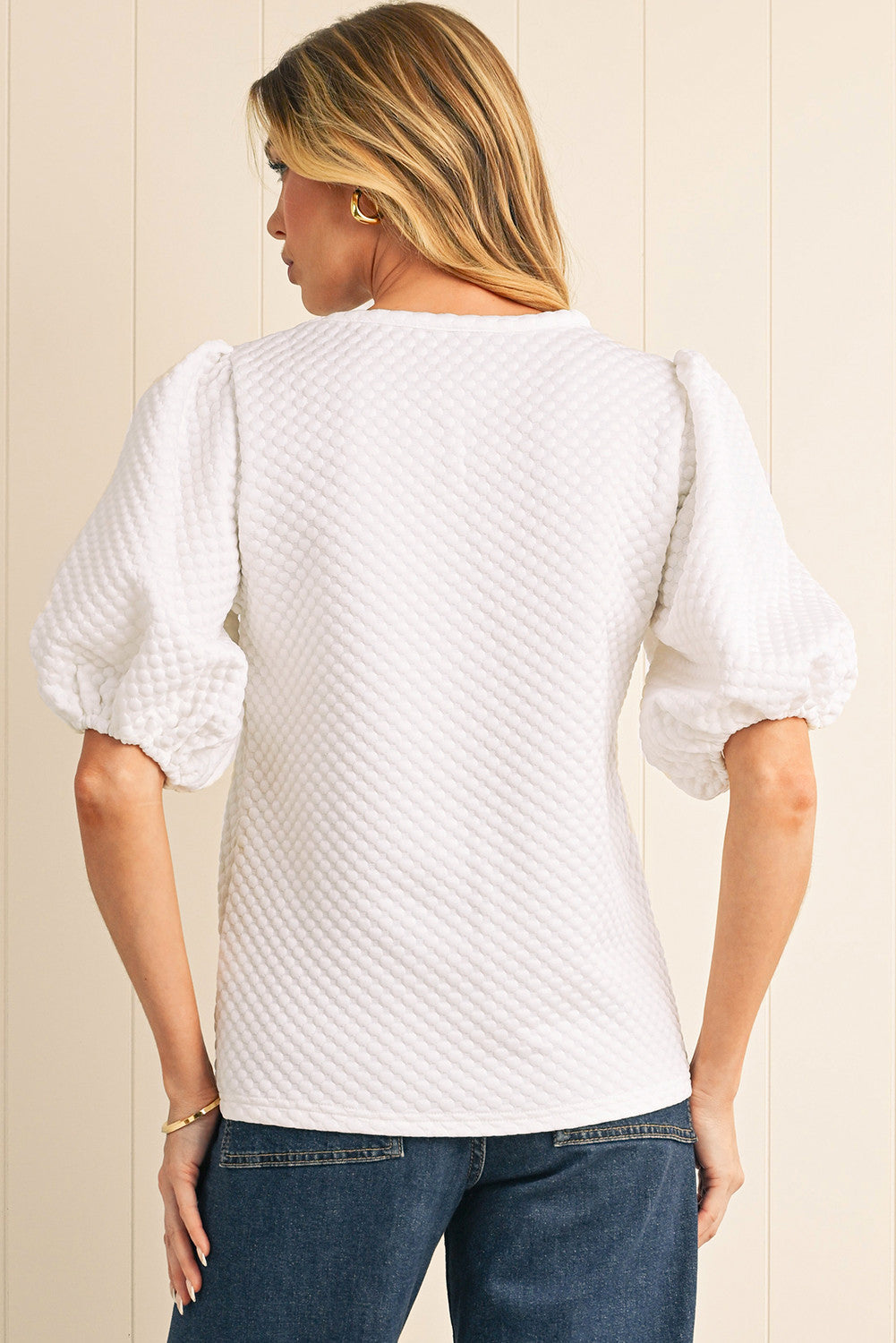 White Solid Textured Neck Puff Sleeve Blouse
