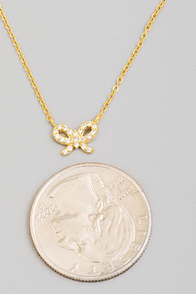 Cz Pave Ribbon Bow Pendant Chain Necklace