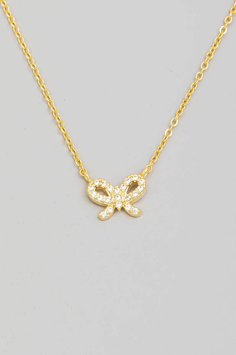 Cz Pave Ribbon Bow Pendant Chain Necklace