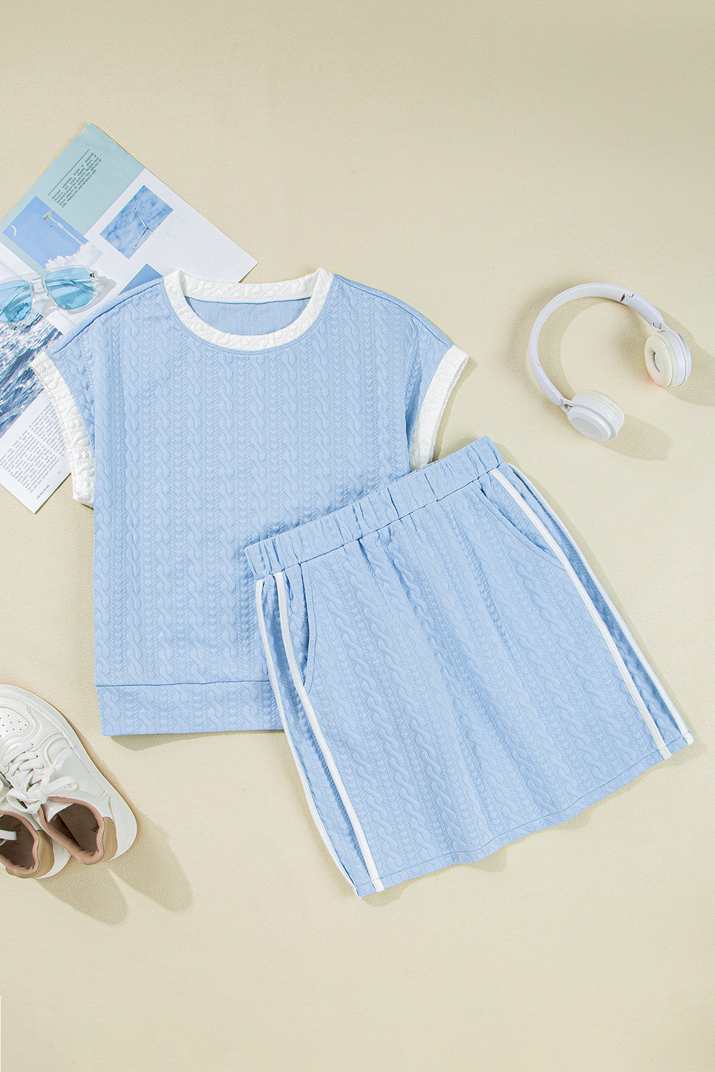 Beau Blue Contrast Trim Textured Crewneck Top and Pocketed Skirt Set