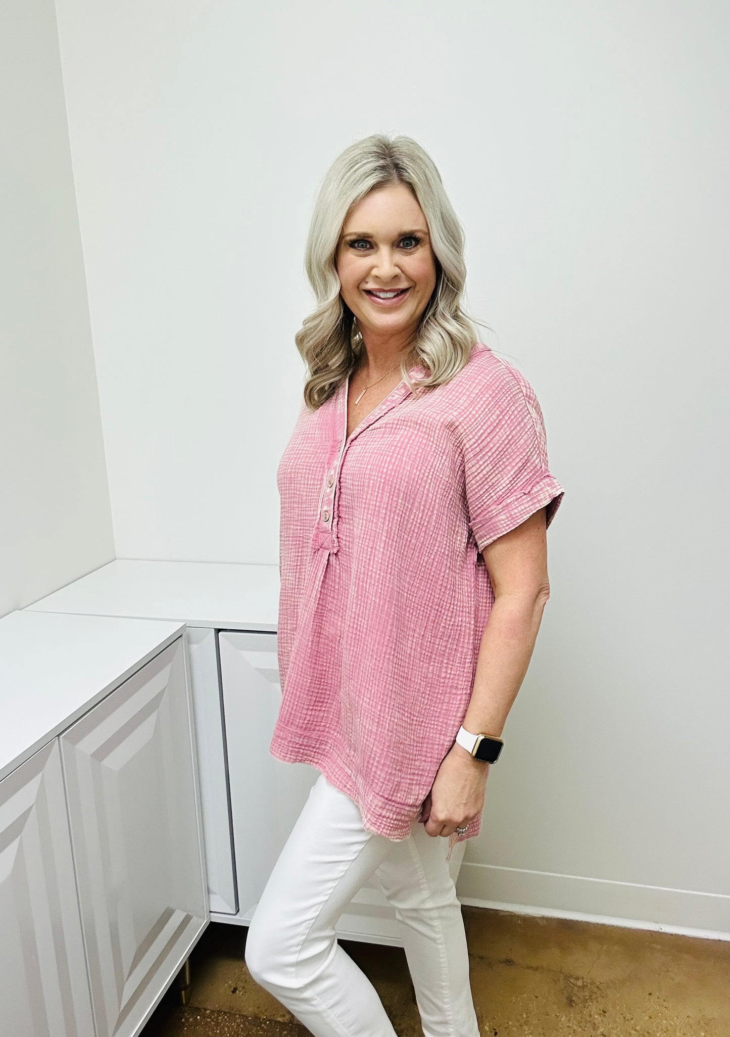Washed Gauze Henley V-Neck Short Sleeve Shirt