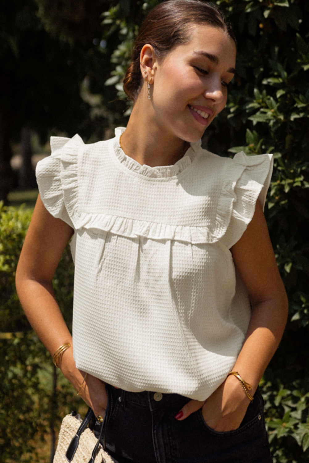 Off White Solid Color Ruffle Trim Waffle Textured Blouse