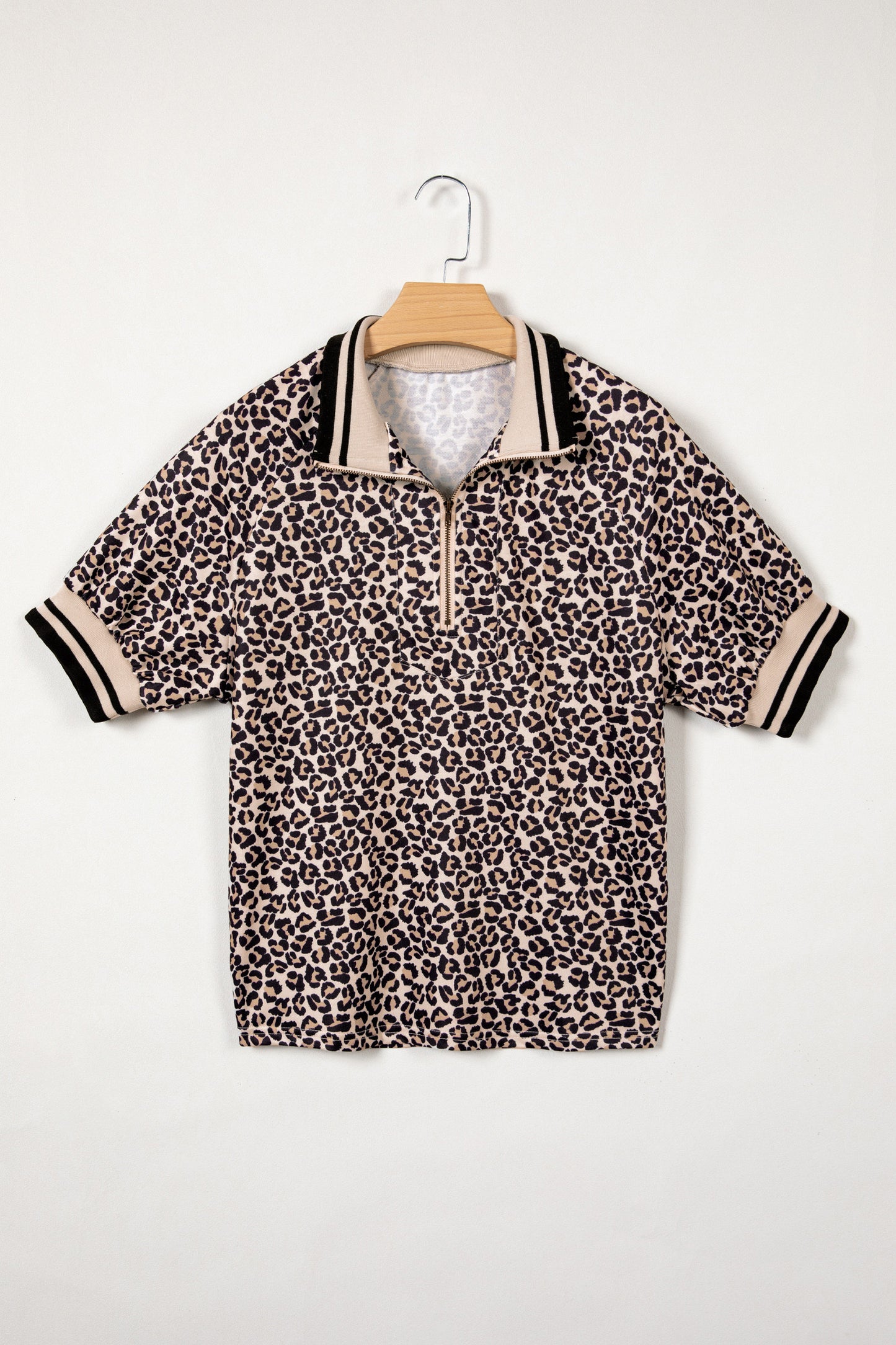 Brown Leopard Print Half Zip Striped Trim Patchwork Short Sleeve Top