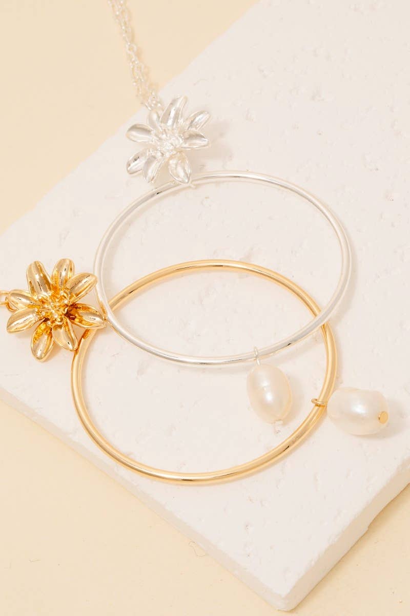 Flower Pearl And Large Hoop Pendant Necklace