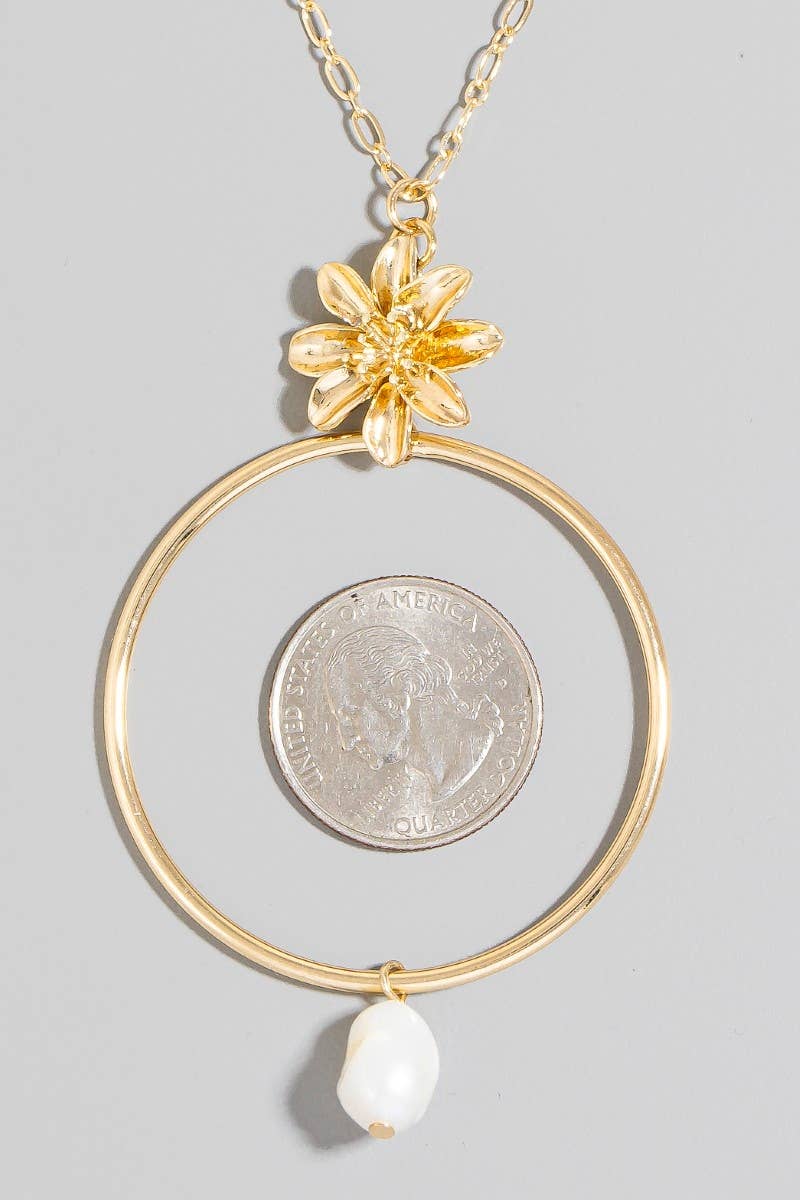 Flower Pearl And Large Hoop Pendant Necklace