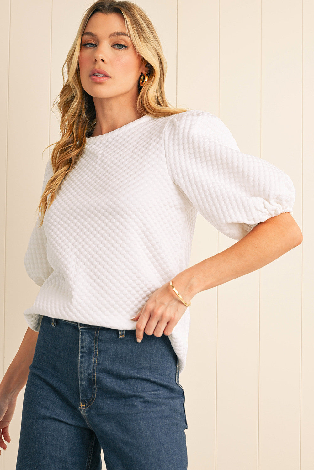 White Solid Textured Neck Puff Sleeve Blouse