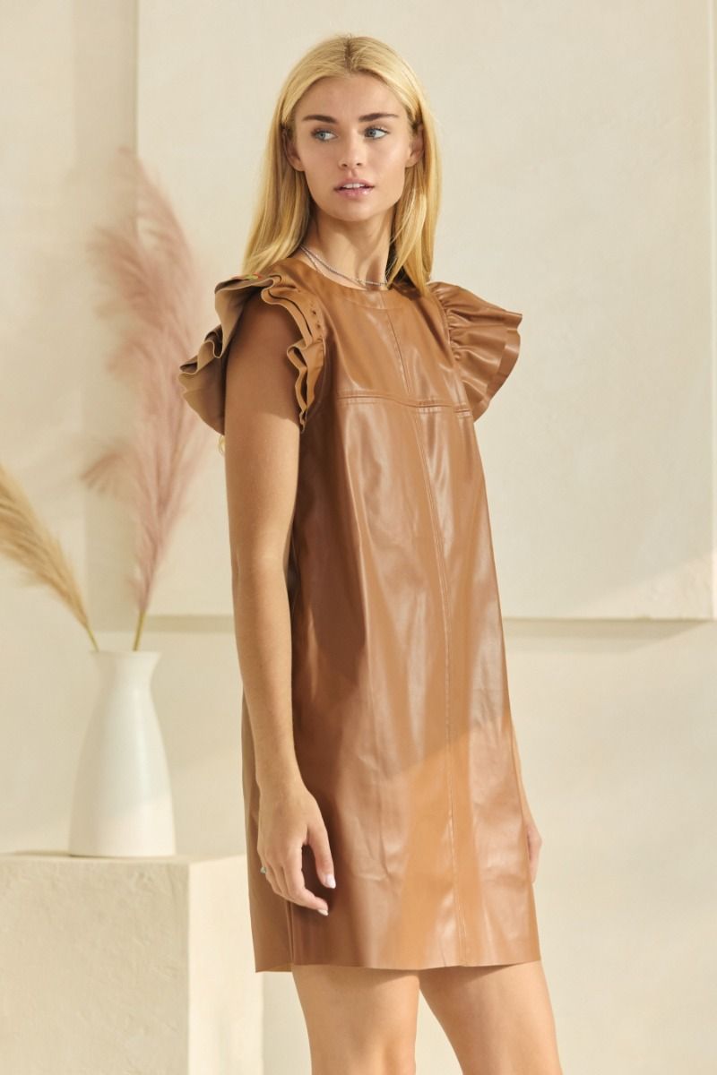 Camel Leather Shift Dress with Embroidered Sleeve Detail