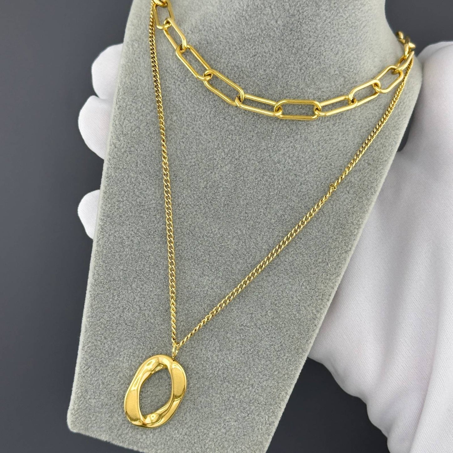 Double Chain Necklace with Round Pendant