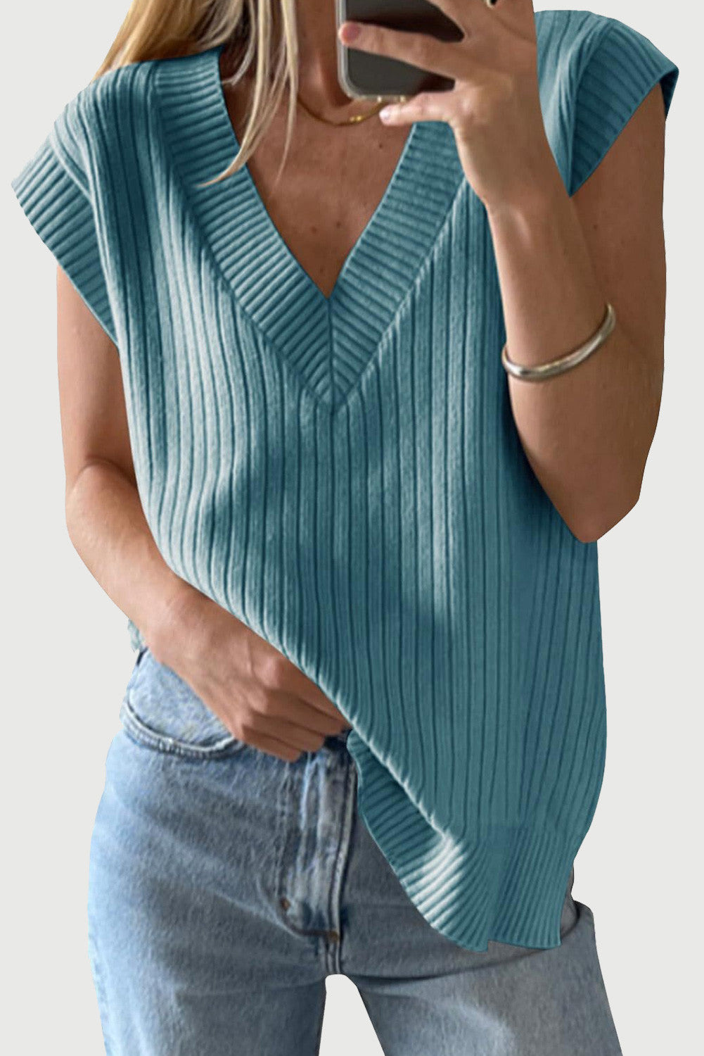 V Neck Sleeveless Casual Loose Pullover Sweater