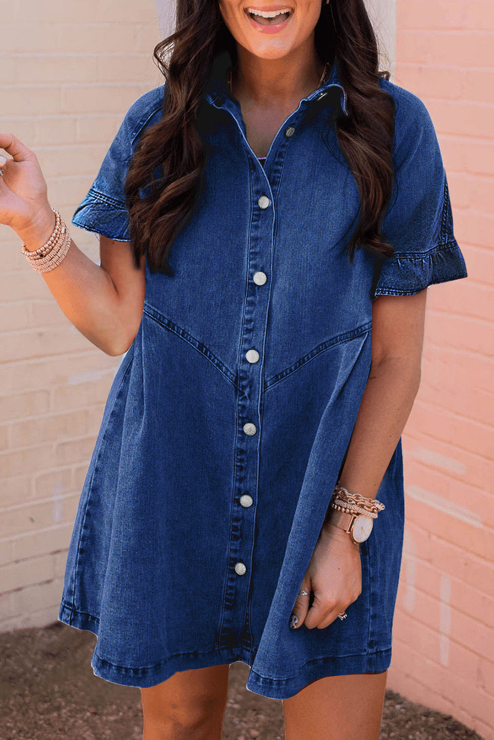 Dark Blue Short Sleeve Button Up Loose Denim Shirt Dress – Indulge