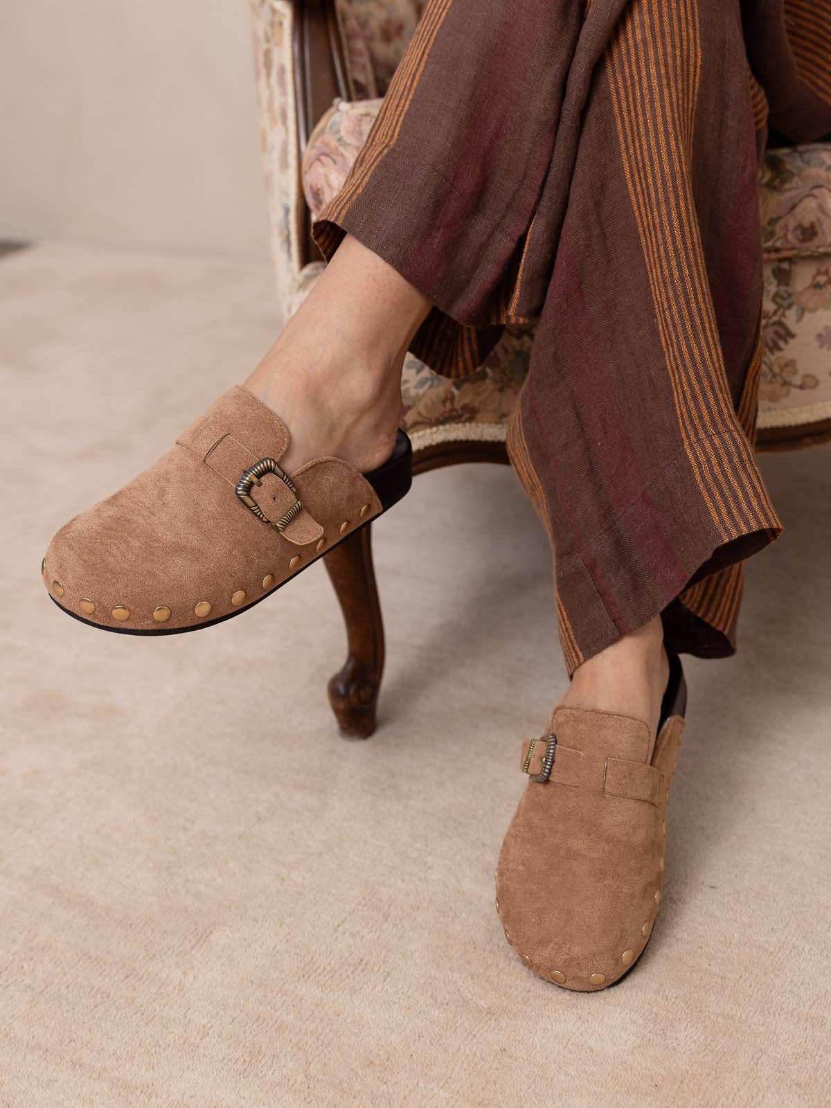 Latte Studded Buckle Clog