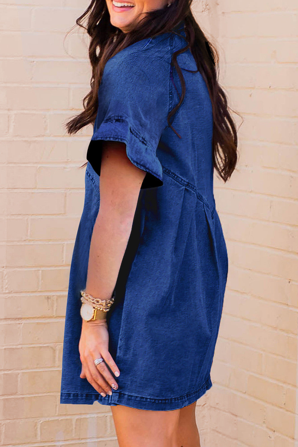 Dark Blue Short Sleeve Button Up Loose Denim Shirt Dress