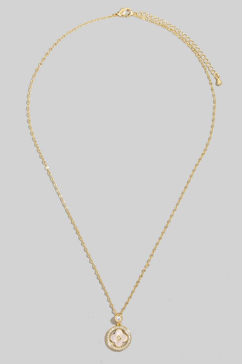 Gold Dipped Cz Halo Set Shell Clover Pendant Necklace