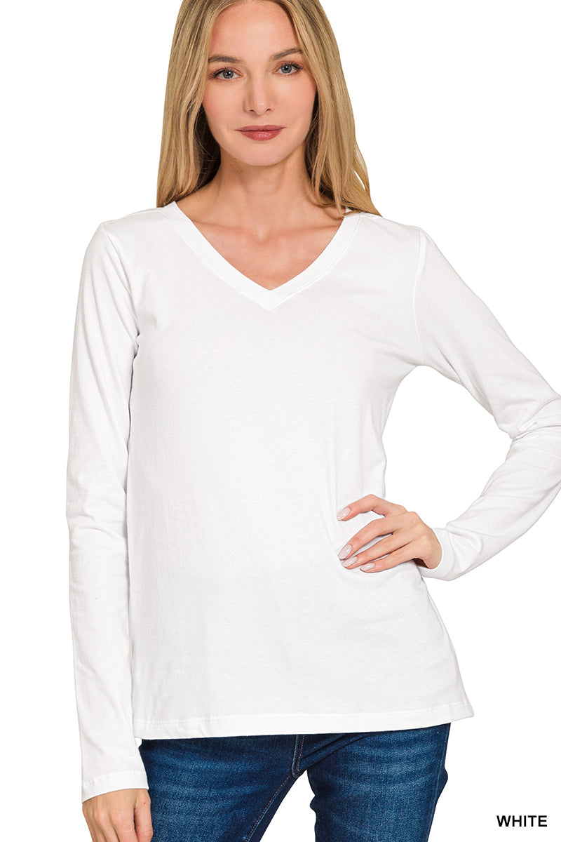 Cotton V-Neck Long Sleeve T-Shirt