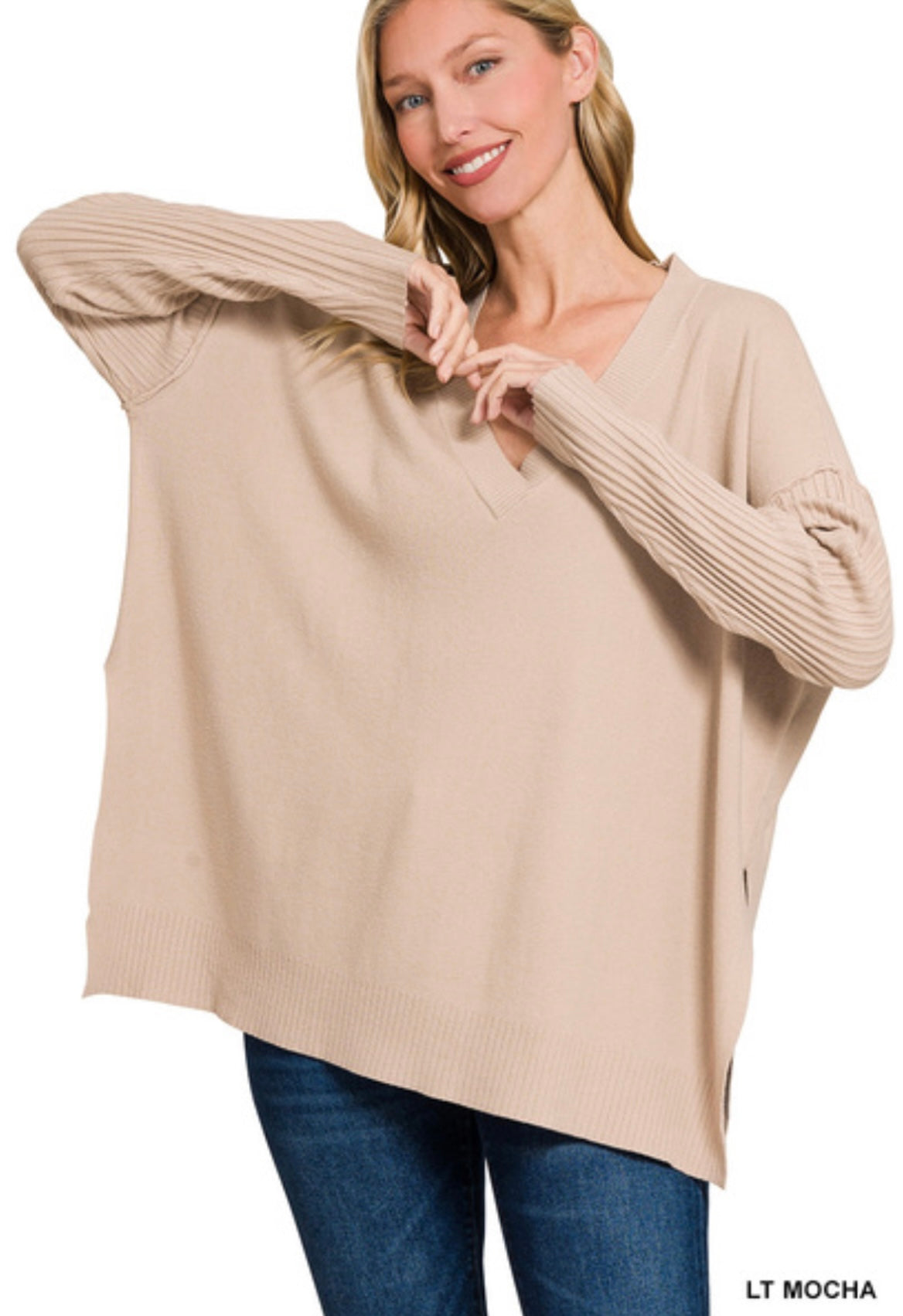 Viscose Ribbed Hem and Sleeve V-Neck Sweater