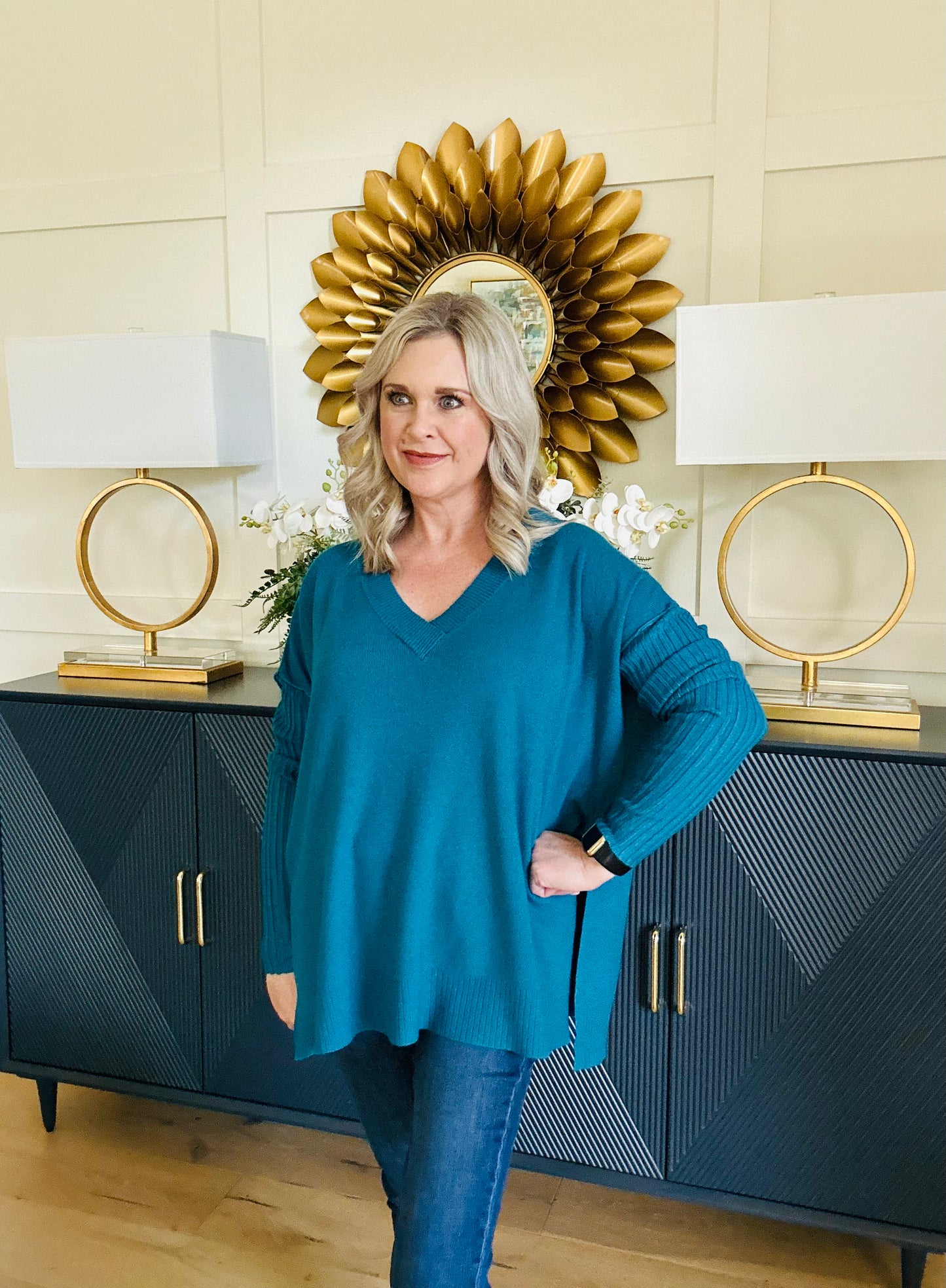 Viscose Ribbed Hem and Sleeve V-Neck Sweater