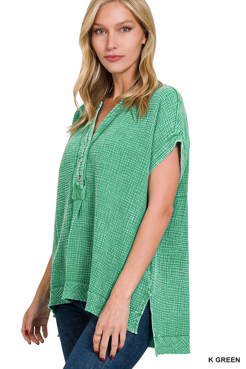 Washed Gauze Henley V-Neck Short Sleeve Shirt
