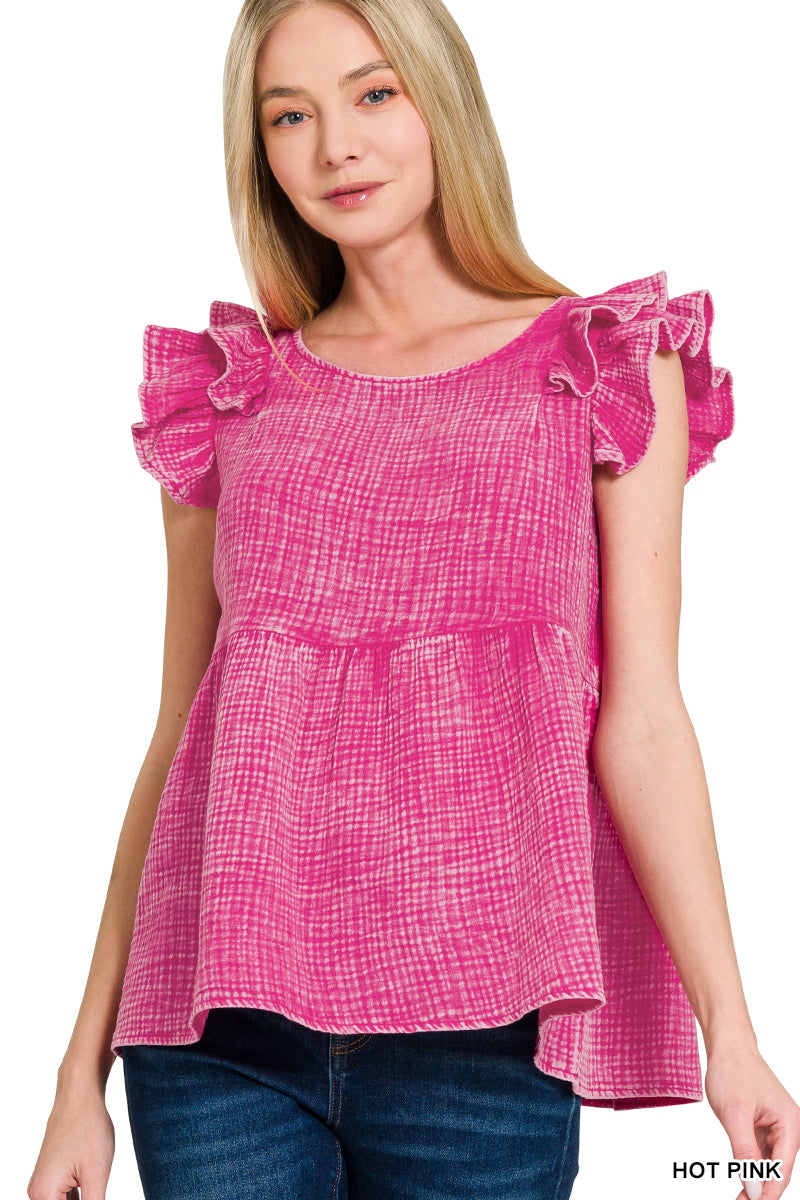 Gauze Acid Washed Tiered Ruffle Peplum