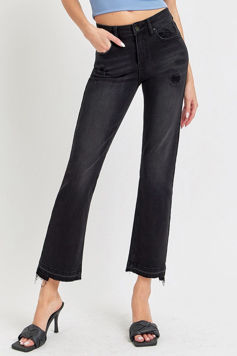 Mid Rise Ankle Straight Uneven Release Hem Jeans