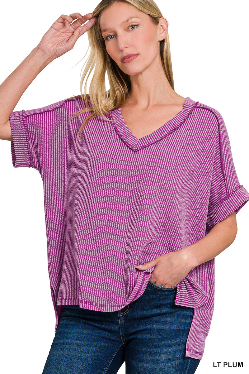 Rib Short Sleeve Hi-Low V-Neck Top