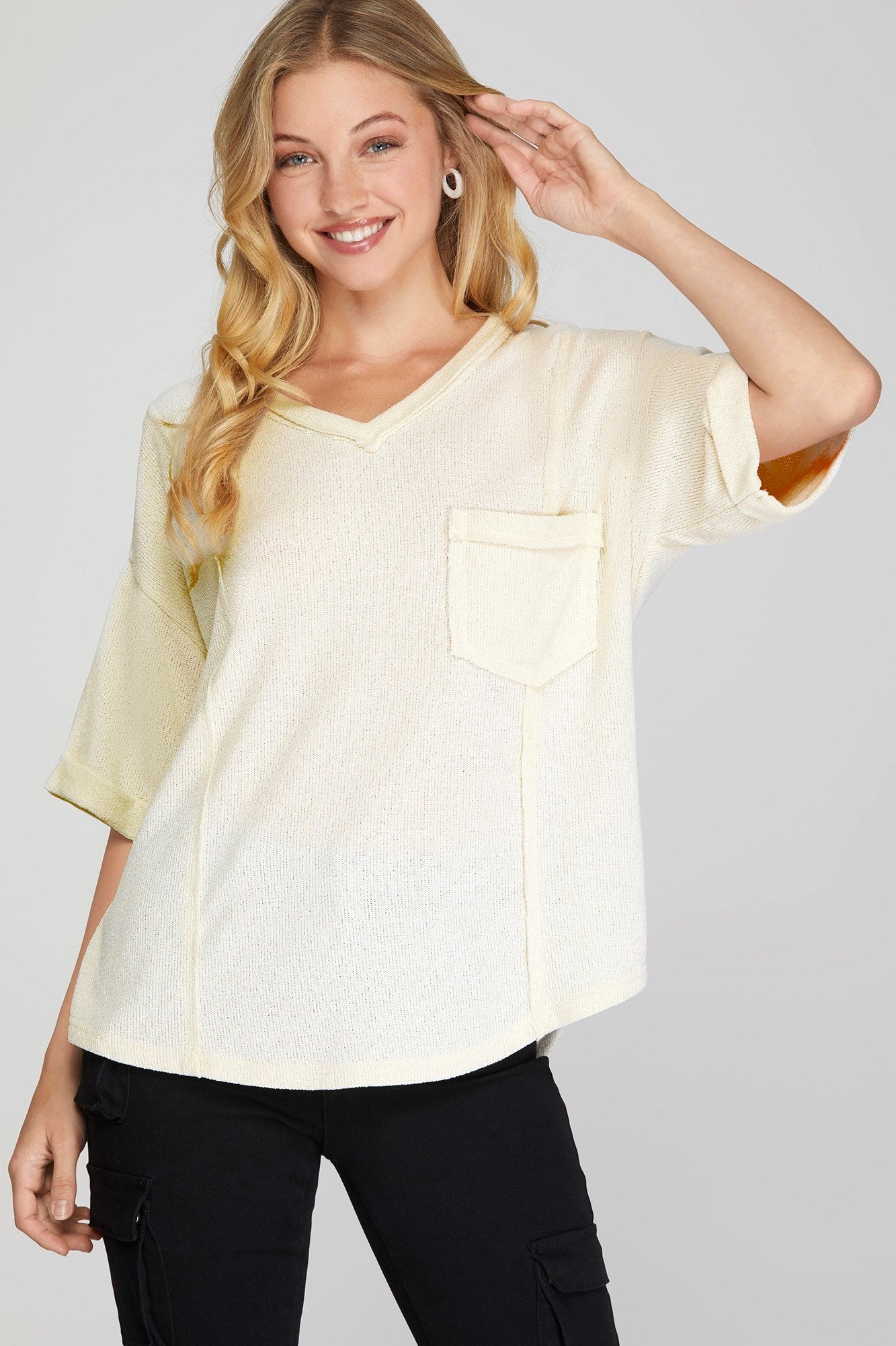 Drop Shoulder Knit Top with Front Pocket